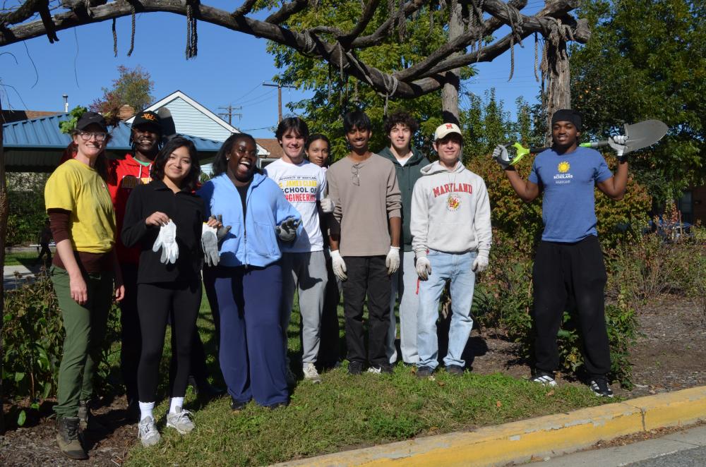 A group of students in the food forest